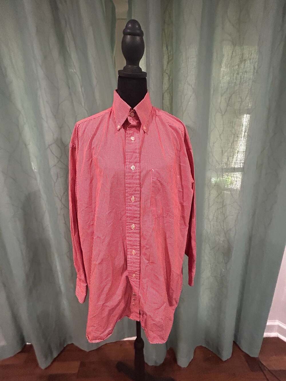 Tommy Hilfiger Men's Red and White Gingham Check Long Sleeve Button-Down Shirt